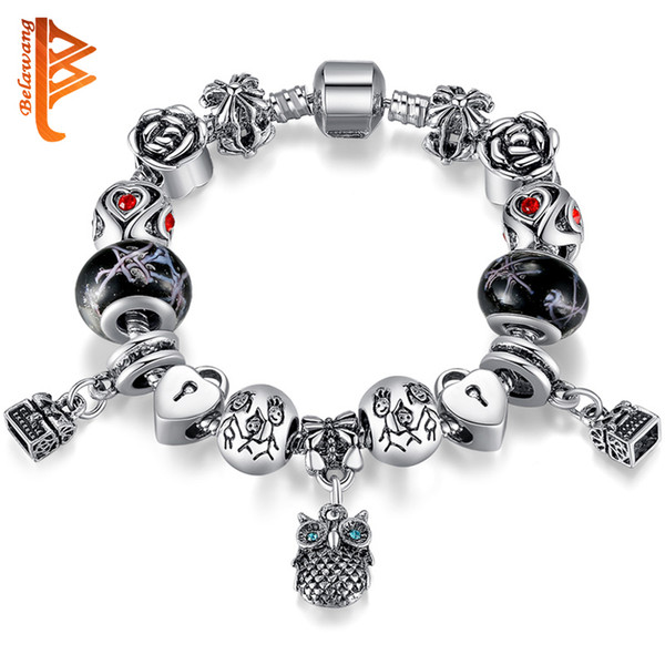 BELAWANG Vintage Jewelry Silver Plated Owl Charm Bracelet&Bangles Black Murano Glass&Crystal Beads Bracelet with Link for Family Best Gift