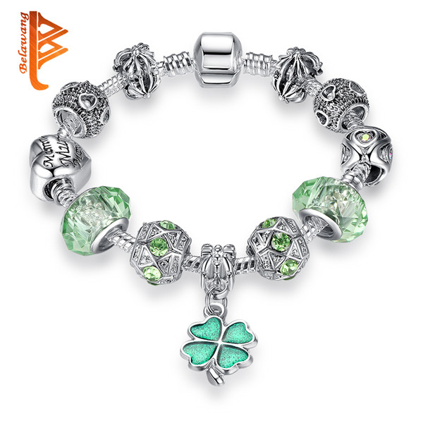 BELAWANG Silver Plated Women Charm Beads DIY Bracelet Jewelry Green Murano Glass Beads Lucky Clover Pendant Beads Bracelets&Bangles