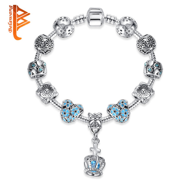 BELAWANG European Crown Charm Bracelets for Women Cubic Zirconia Crystal Bangles 925 Silver Bracelets Pulseras Authentic Jewelry Gift