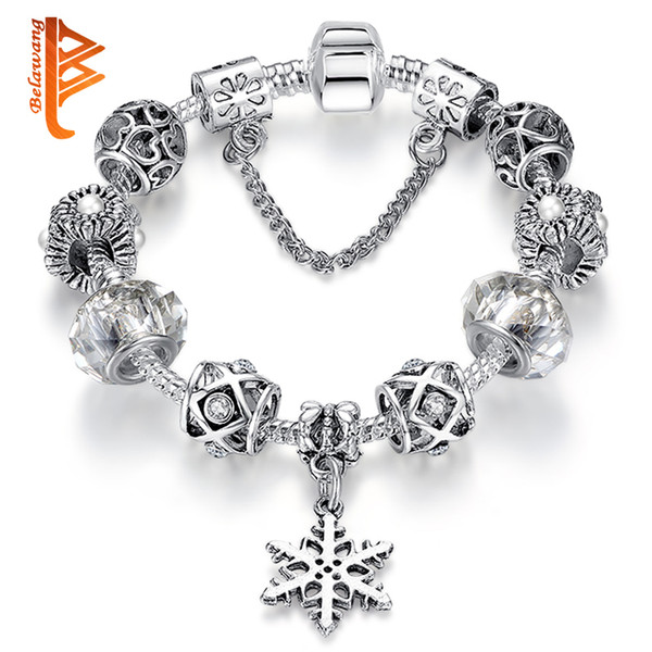 BELAWANG European Silver Plated Beads Bracelets&Bangles Snowflake Pendant White Crystal Glass Beads Heart Charms Bracelets with Safe Chain