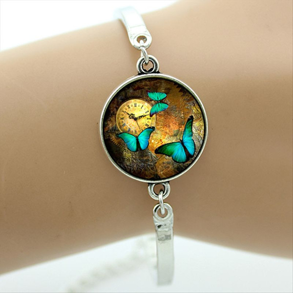 Steampunk pendant butterfly picture in glass cabochon dome charm bangles Silver Plate Solid Metal Cuff Bracelet women jewelry