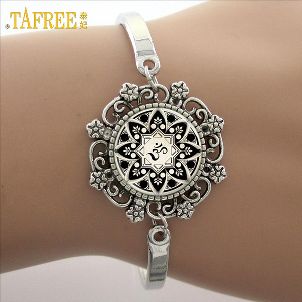 TAFREE Brand Yoga OM Symbol Buddhism Zen Lotus Glass Cabochon Dome Lace Flower Charm Bracelets Women Girls Christmas Gifts Cuff Bangles