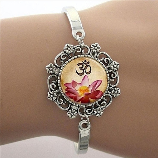 TAFREE Religious Jewelry Mandala Lotus Bracelet Glass cabochon OM symbol Buddhism Hot Sale New Charm HT026