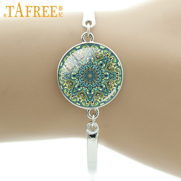 TAFREE Indian peacock blue henna yoga bloom mandala flower bracelet India buddhist lotus women party jewelry wedding BA088