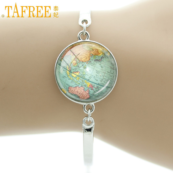 TAFREE Glass cabochon dome charm bracelets Vintage Globe Cuff Bangles Earth World Map Art Good Quality cheap jewelry D724