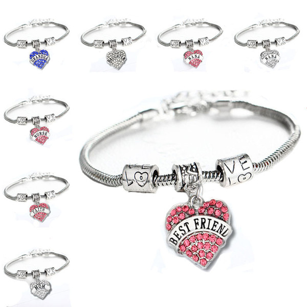 45 types Diamond Love Heart Bracelet Mom Aunt Daughter Grandma Believe Hope best friends Crystal Bracelet Will and Sandy Drop Ship 161224