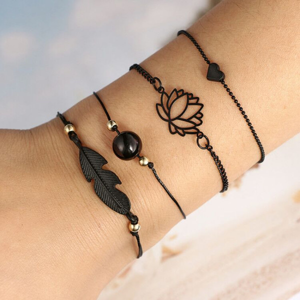 Black Heart Leaf Bracelet Hallow Lotus Multilayer Wrap Bracelet Heart Bracelets Cuff Women Fashion Jewelry Drop Ship