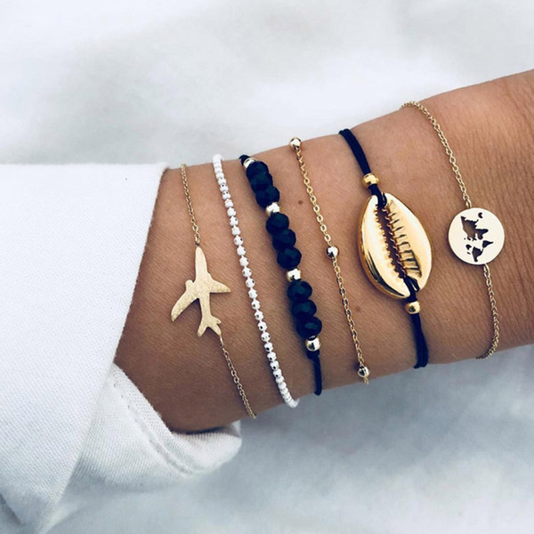 6pcs/set Shell Wrap Bracelet Metal Shell World Map Airplane Bracelet Multilayer Bracelets Women Fashion Jewelry Drop Ship