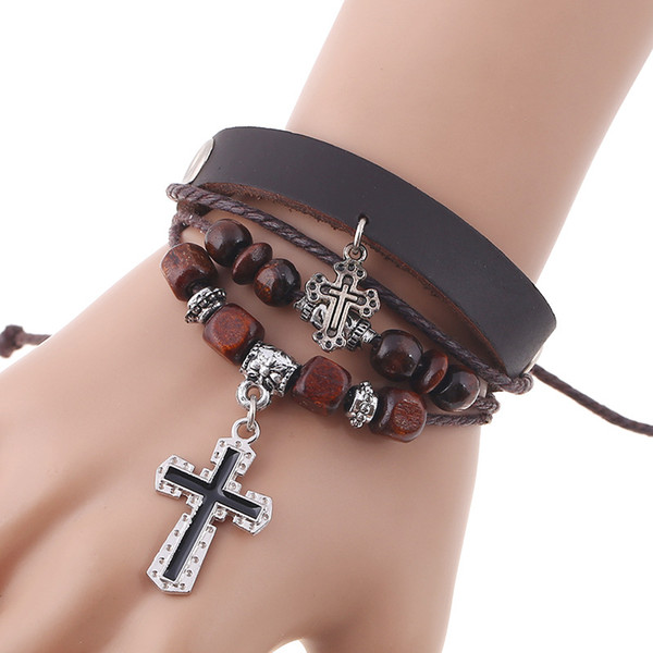 Jesus Cross Bracelet Leather Wrap Bracelet Adjustable Cross Charm Multilayer Bracelets Rings Fashion Jewelry Will and Sandy Drop Ship