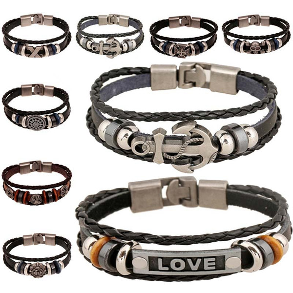 Fashion Leather Multilayer Wrap Bracelets Antique silver Skull Badge Cross Love Charms Bracelet Bangle Cuffs Will and Sandy Drop Ship 162552