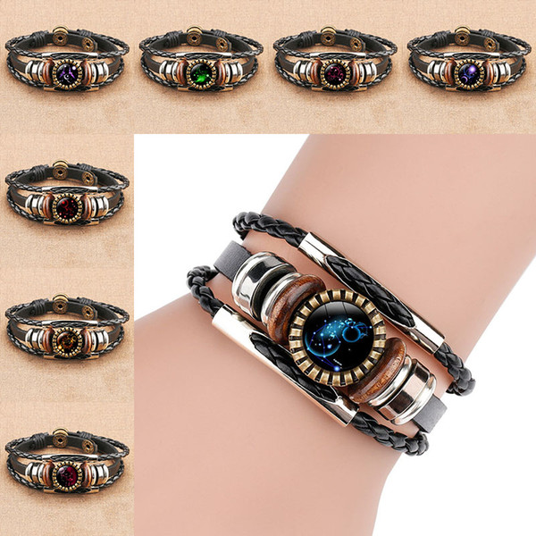 12 Zodiac Horoscope Glass Cabochon Bracelet Multilayer Wrap Bracelet Wristband Fashion Jewelry Gift Will and Sandy Drop Ship 320206