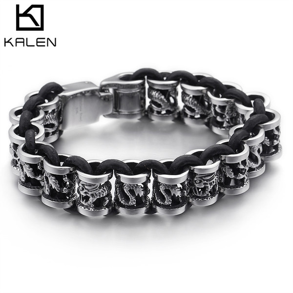 Bracelet For Men 220MM Mixed 316 Stainless Steel & Leather Hip Hop Rock Animal Charm Linking Chain Bracelet Heavy Chunky Jewelry KALEN