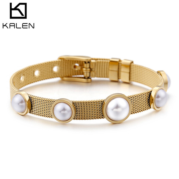 3 Colors Titanium Hollow Strap Resizable Bracelet For Women Female Girls Stainless Steel with Round Pearl Charm Bangles