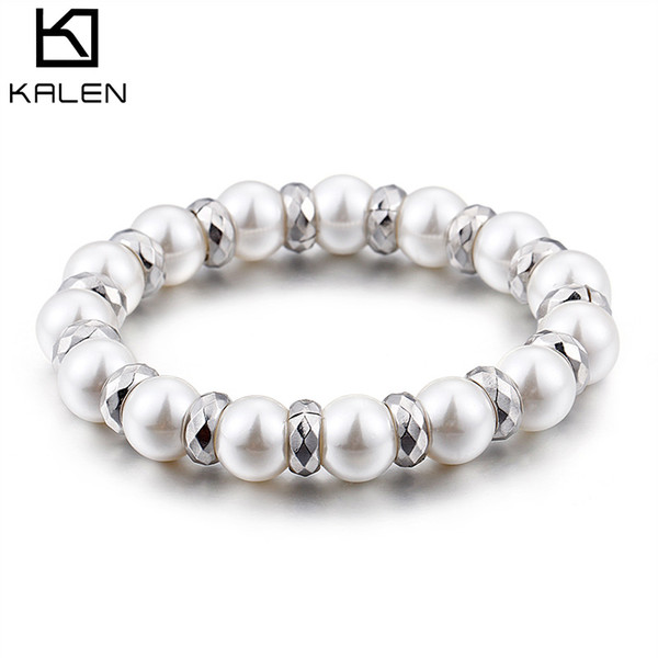 Women Bracelets Cute Hand Bracelet Wolesale Elasticity Silver White 316 Stainless Steel + Pearl Bead Jewelry KALEN