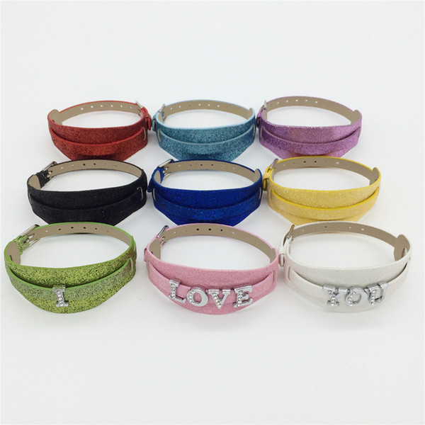 Wholesale 20PCS/Lot 8MM Two Layers PU Leather Glint Wristband Bracelets DIY Wristband Fit 8MM Slide Charms Slide Letters Mixed Colors WB25