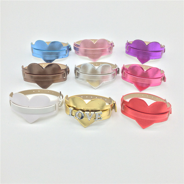 Wholesale 20PCS/Lot 8MM Two Levels PU Leather Heart Metal Smooth Wristband Bracelet Mixed Color DIY Wristband Fit 8MM Letters/Charms WB28