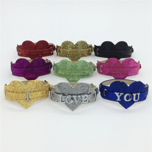 Wholesale 20PCS/Lot 8MM Two Levels PU Leather Heart Paillette Wristband Bracelet Mixed Color DIY Wristband Fit 8MM Slide Letters/Charms WB29