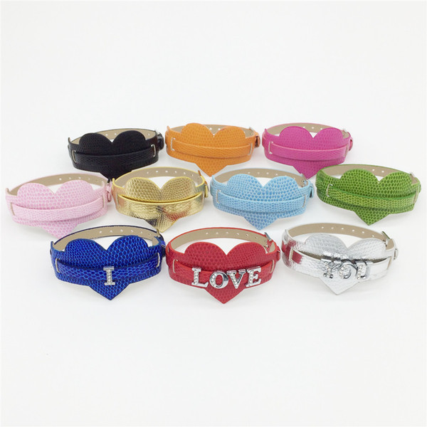 Wholesale 20PCS/Lot 8MM Two Levels PU Leather Heart Snake Wristband Bracelet Mixed Color DIY Wristband Fit 8MM Slide Letters /Charms WB26