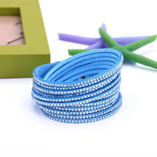 Sales Gifts Fashion Women Six Rows Rhinestones Twine Wristband Bracelet High Quality Pu Leather Bangles WB40