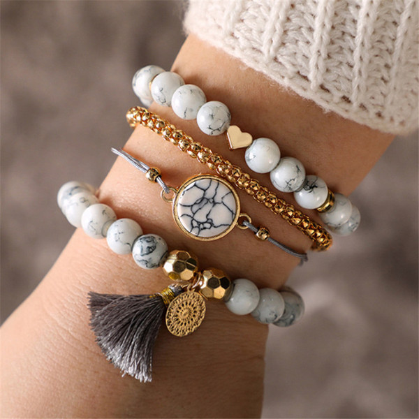 Zoukane Bohemian Handmade Weave Heart Long Tassel Bracelet Sets Women Grey Rope Chain Bracelets Jewelry Multiple Styles B501A