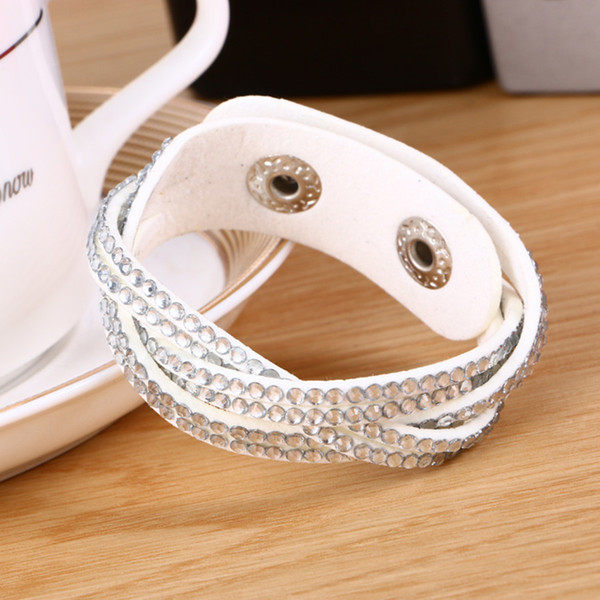 10PCS/Lot New Year Gifts Hot Sale Women Six Rows Rhinestones Twine Wristband Bracelet High Quality Pu Leather Bangles WB41