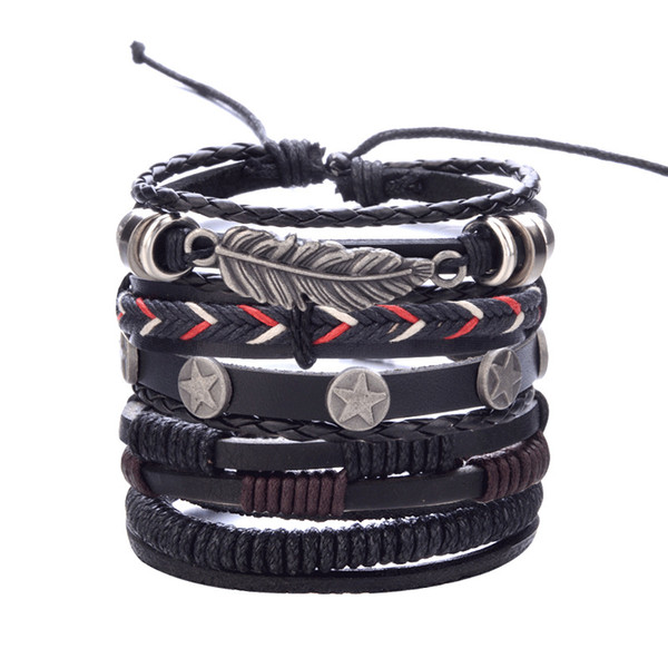 Zoukane Vintage Leaf Feather Multilayer Leather Bracelet Men Fashion Braided Handmade Star Rope Wrap Bracelets & Bangles Male Gift WB118