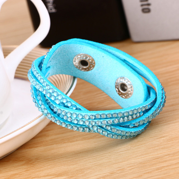 Sales Gifts Hot Sale Women Six Rows Rhinestones Twine Wristband Bracelet High Quality Pu Leather Bangles WB41