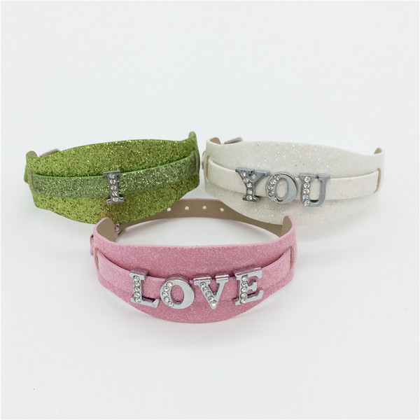 Sales 8MM Two Layers PU Leather Glint Wristband Bracelets DIY Wristband Fit 8MM Slide Charms Slide Letters Mixed Colors WB25