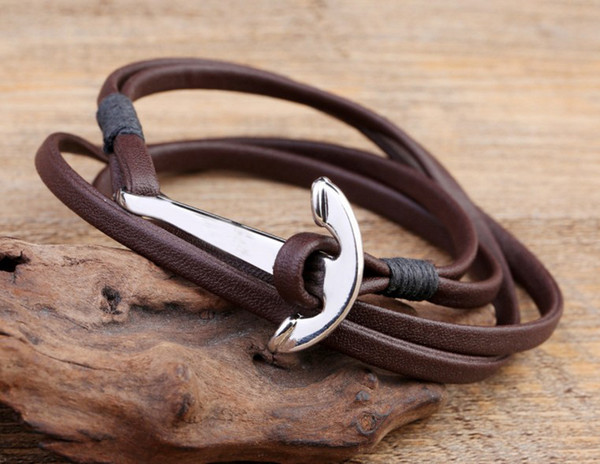 free shipping Silver Anchor Charm Men's Multilayer Genuine Leather Bracelets Handmade Viking Jewelry for Gift