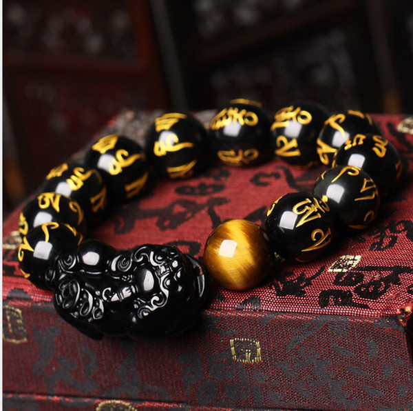 PX004 Natural color eye obsidian six-word mantra bracelets black stone skull religious bracelet with black stone six characterswholesale