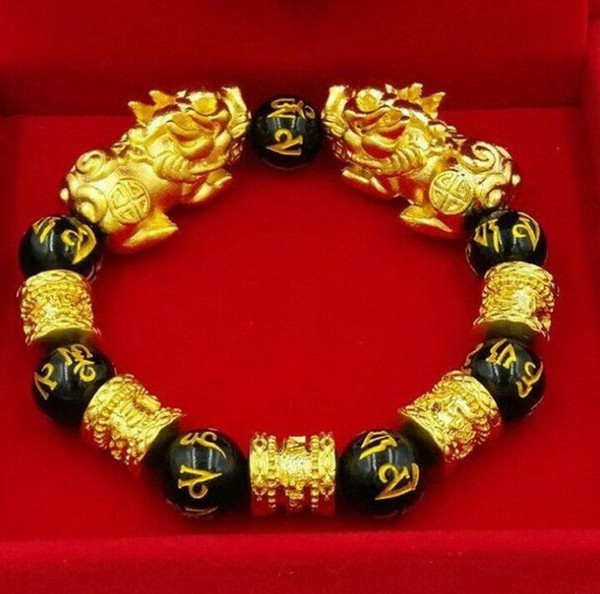 XJ002 HouHui Natural Obsidian Six Words Mantra Gold Plated Beads Pixiu Bracelets 12MM Women's Fashion Bracelet