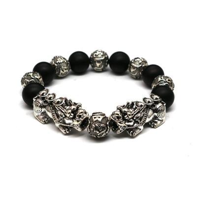 PX009 Double pixiu bracelet 12mm six sons mantra beads bracelet black frosted stone bracelets men and women couple Feng Shui Obsidian Bead