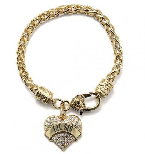 HouHui Hand Jewwelry Engrave LIL SIS GOLD PAVE HEART CHARM BRACELET