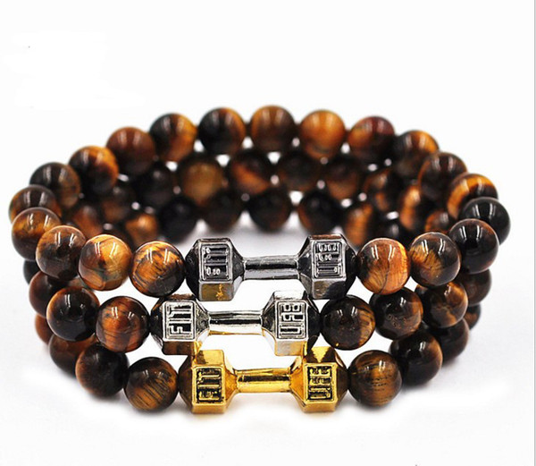 LY006 Natural Tiger Eye Energy Handmade Beaded Metal Dumbbell Bracelet