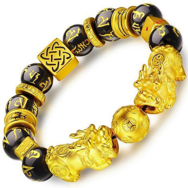 XJ001HouHui Feng Shui Obsidian Bead Hand Carved Mantra Golden Metal Pi Xiu Pi Yao Bracelet