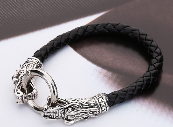 New Listing Faucet Leather Bracelet Plated Antique Silver Animal Head Bangle For Men Woman