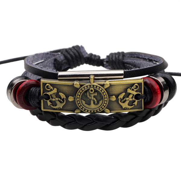 Europe And The United States Retro Simple Anchor Leather Bracelet Leather Men's Woven Bracelet Leather Multi-Layer Beaded Bracelet