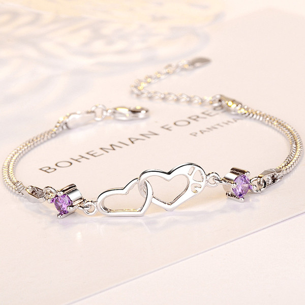 European And American Fashion Silver Bracelet Simple Cubic Zirconia Double Heart Love Bracelet Women's Heart Connection Bracelet Wholesale