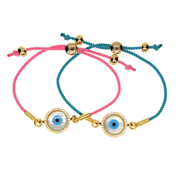 2017 fashion jewelry pink blue rope string gold plated mother of pearl evil eye handmade women girl fashion adjust jewelry bracelet