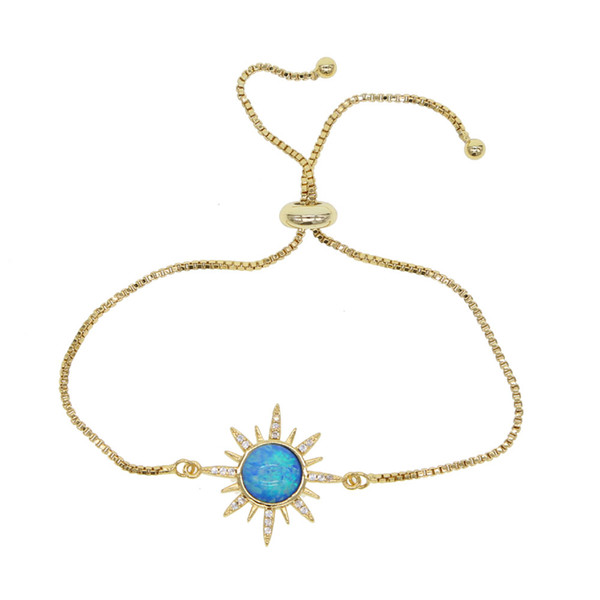 gold plated blue fire opal sun burst adjust bracelet box chain starburst charm elegant geomstone gold filled fashion jewelry for women