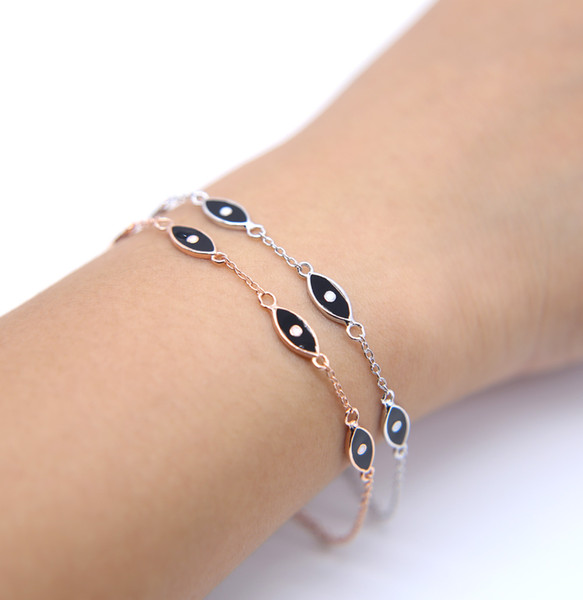 16+5cm black enamel eye rose gold plated 925 sterling silver matel delicate eye link fashion delicate silver bracelet for girl