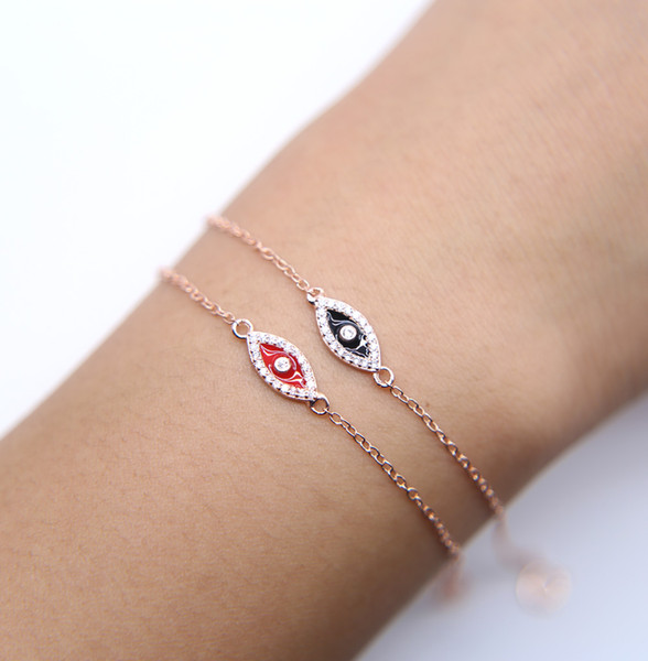 16+5cm dainty delicate black red enamel micro pave cz cute eye shape evil eye charm connector 925 sterling silver eye bracelet