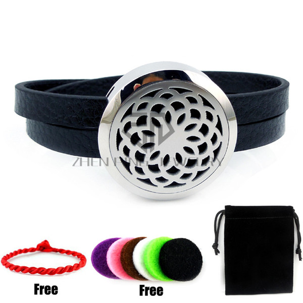 Silver Lotus (25-30mm) with Black Genuine Leather Locket Bracelet Aromatherapy/Essential Oils Diffuser Locket Leather Bracelet