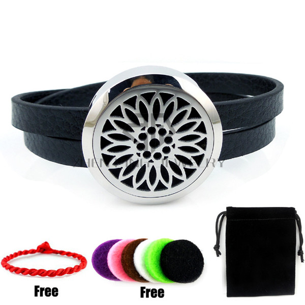 Round Silver Sunflower (25-30mm) with Black Genuine Leather Aromatherapy Locket Essential Oils Diffuser Locket Magnet Leather Bracelet