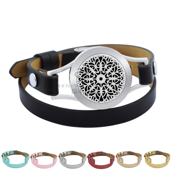 Silver Magnetic Snow 25mm Black Genuine Leather Aroma Locket Stainless Steel Bangle Essential Oils Diffuser Locket Leather Bracelet