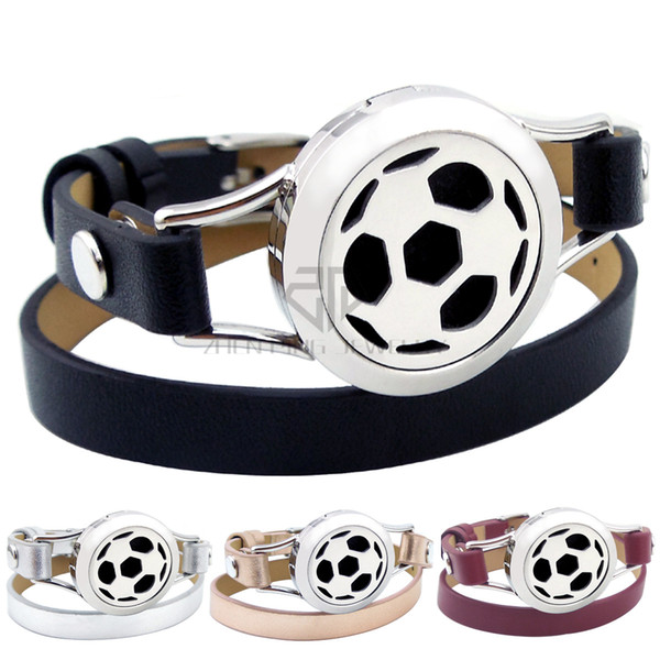 Magnet Football Soccer Design 25mm Black Genuine Leather Stainless Steel Bangle Essential Oils Diffuser Locket Leather Bracelet