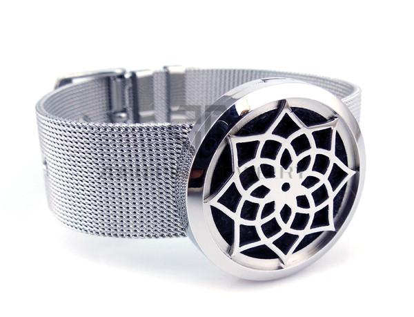 Round Silver Lotus Flower (25-30mm) with Stainless Steel Metal Mesh Band Bracelet Aromatherapy/Essential Oils Diffuser Locket Bangle Jewelry