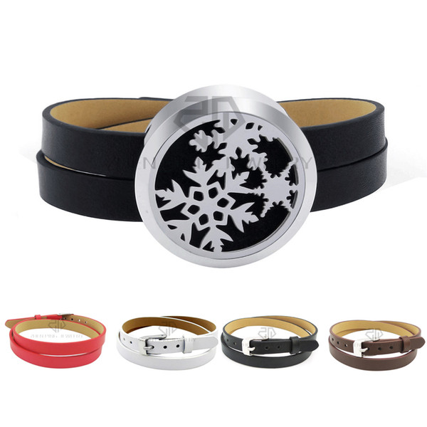 Silver Christmas Theme 30mm Snow Adjustable Aromatherapy Twisted-off Leather Bracelets 316L Stainless Steel Essential Oil Diffuser Bracelet