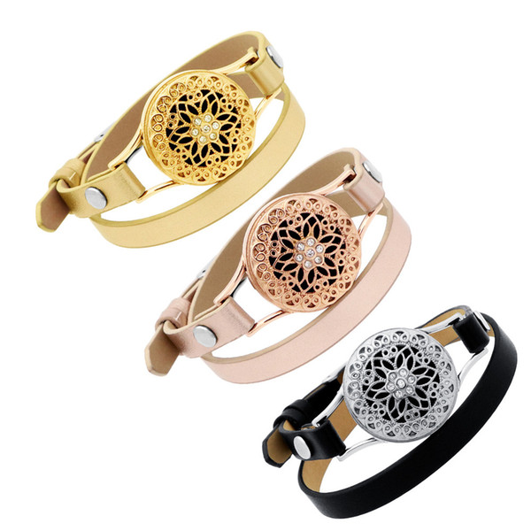 26mm Flower Design Screw Diffuser Leather Bangle Stainless Steel Aromatherapy With Crystal Essential Oil Diffuser Cuff Locket Bracelets