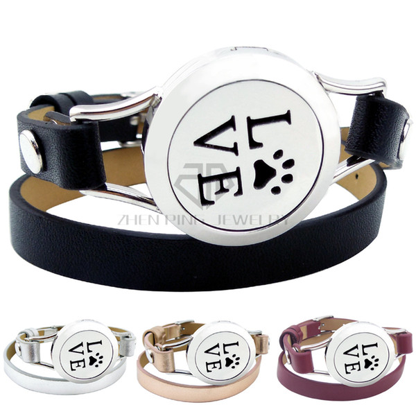 Magnet Love with Paw 25mm Black Genuine Leather Stainless Steel Bangle Essential Oils Diffuser Locket Leather Bracelet